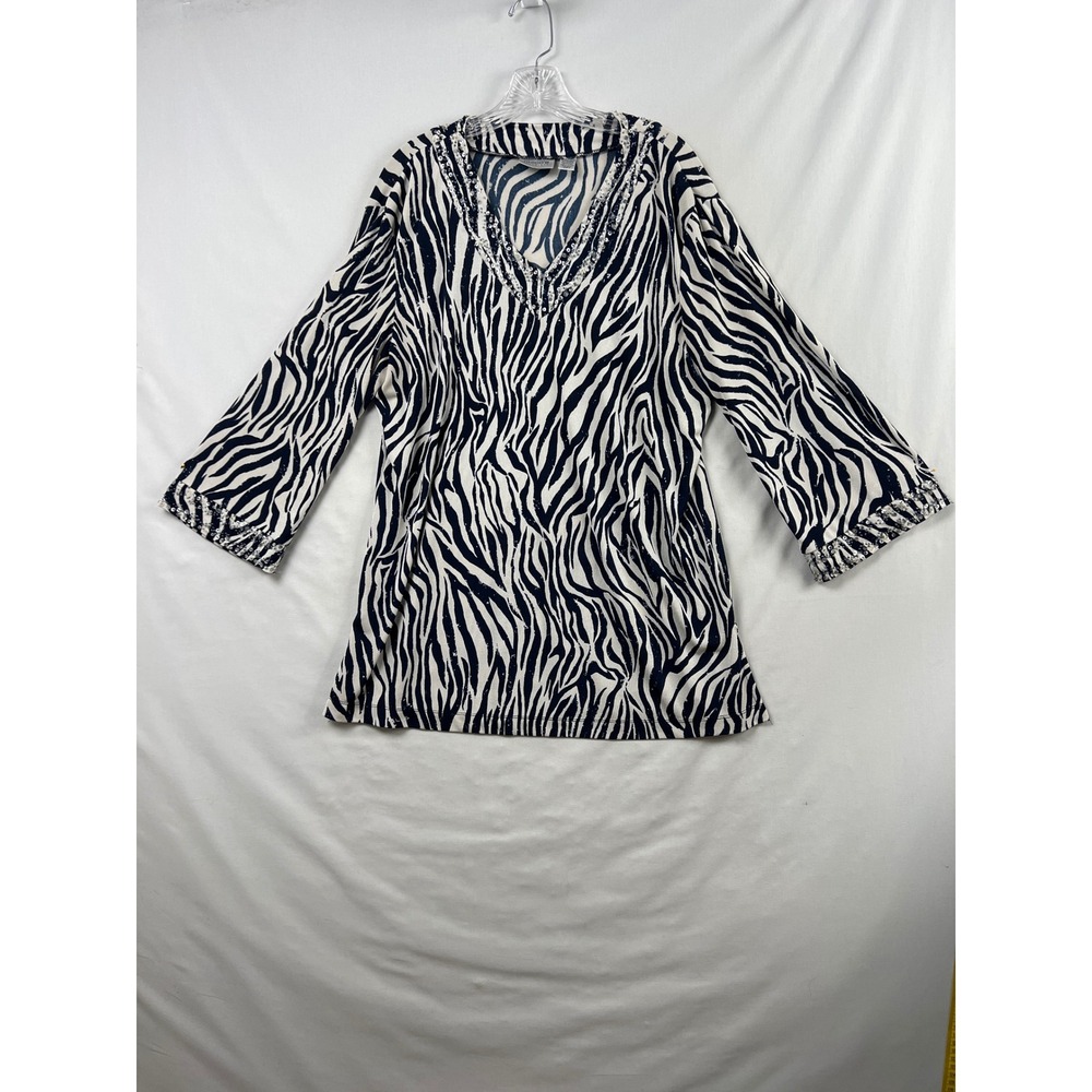 Chico's 3 Travelers Tunic Women XL Navy Ivory Zebra Sequin Beaded V-Neck Top